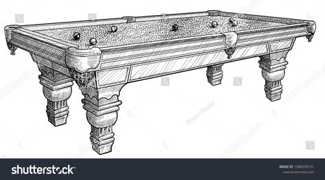 Pool Table Tattoo, Pool Table Drawing, Ink Line Art, Table Illustration, Table Drawing, Perspective Sketch, Line Art Vector, Point Perspective, Billiards Pool