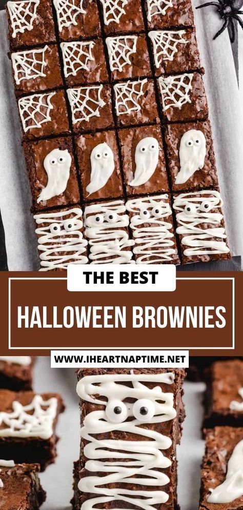 These Halloween brownies are a fun and spooky dessert treat perfect for a Halloween party. Fudgy chocolate brownies decorated as ghosts, spider webs or mummy brownies! Boo Brownies, Bat Brownies For Halloween, Brownie Spider Web, Halloween Mummy Brownies, Halloween Frosted Brownies, Halloween Brownie Spiders, Mummy Brownies, Cobweb Brownies, Halloween Baking Recipes