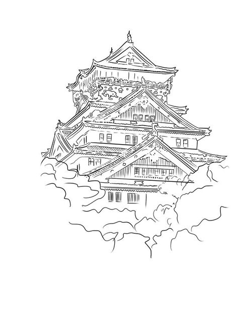 Japanese Temple Sketch, Japan Line Art, Japan Temple Drawing, Japanese Temple Tattoo Stencil, Japanese Temple Drawing, Japanese Temple Tattoo, Temple Tattoo, Temple Drawing, Castle Tattoo