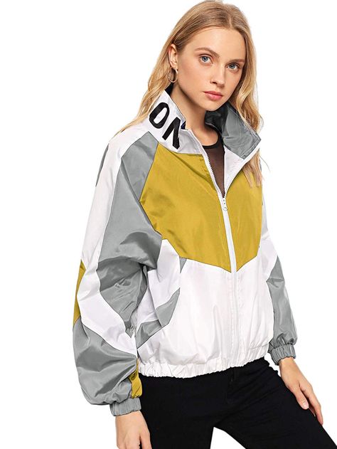 Amazon.com: SweatyRocks Women's Lightweight Active Jacket Long Sleeve Color Block Letter Print Windbreaker White M: Clothing Graphic Jacket, Graphic Jackets, Windbreaker Jacket Women, Clothes Stand, Windproof Jacket, Color Block Jacket, Long Sleeve Outerwear, Active Jacket, Jacket Pattern