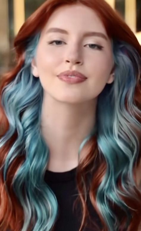 Ginger And Turquoise Hair, Ginger Hair With Green Highlights, Ginger Hair With Vivid Color, Ginger And Blue Hair, Colorful Money Piece Hair, Redhead Hairstyles Long, Ice Blue Hair, Colored Extensions, Unicorn Hair Color