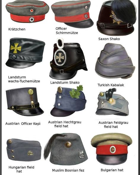 Central Powers Headgears during The Great War. . #thehistoryclub #ww1 #ww2 #militaria #historyalliance #ww1history #ww2history #warishell… Military Headgear, Central Powers, German Uniforms, German Army, Military Equipment, Military Art, Military Uniform, Military History, Military Fashion