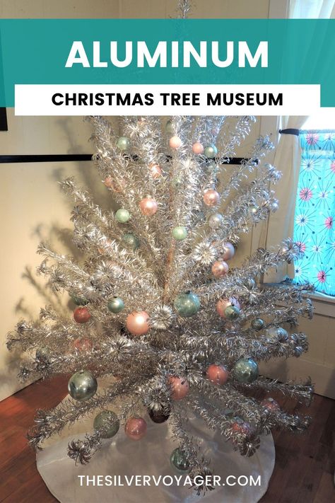 Read about the world's only Aluminum Christmas Tree Museum, where tacky trees Retro Aluminum Christmas Tree, Vintage Aluminum Christmas Tree With Color Wheel, Aluminium Christmas Tree, Tree Trimming Party, Vintage Aluminum Christmas Tree, Aluminum Tree, Brevard Nc, Aluminum Christmas Tree, Christmas Tree Collection