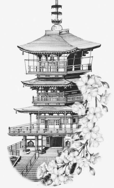 Japanese House Tattoo, Japanese Temple Drawing, Temple Tattoo Design, Japanese Temple Tattoo, History Presentation, Calf Tattoo Ideas, Basic Art Techniques, Warrior Tattoo Sleeve, Temple Tattoo