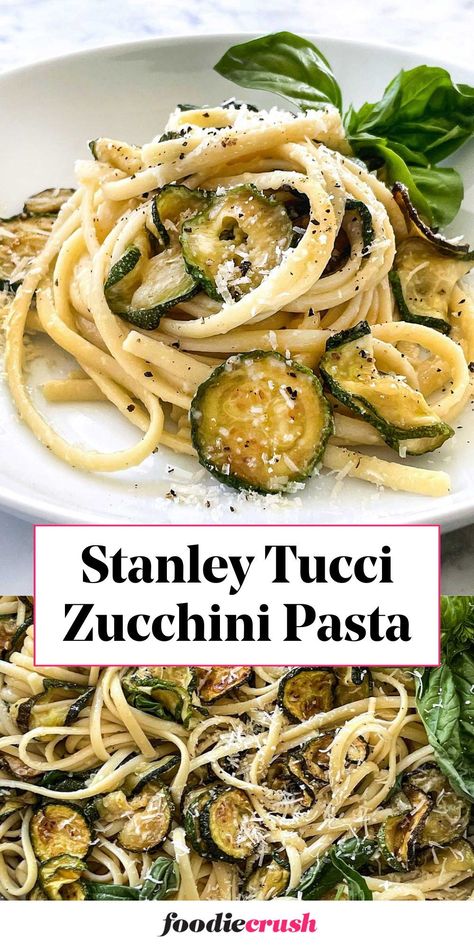 Experience the flavors of Italy with Stanley Tucci's Zucchini Pasta recipe!  Thinly sliced zucchini is fried to crispy perfection, then tossed with pasta, Parmesan cheese, and a touch of butter for a luxuriously decadent vegetarian dish. Fresh basil adds a pop of brightness, making this a restaurant-worthy meal you can prepare at home in under an hour Southern Living Easy Zucchini Basil Pasta, Zucchini Garlic Pasta, Tucci Zucchini Pasta, One Pot Zucchini Basil Pasta, Italian Zucchini Pasta, Summer Zucchini Pasta, Yellow Zucchini Pasta, Pasta Chicken Zucchini Recipes, Bacon Zucchini Pasta