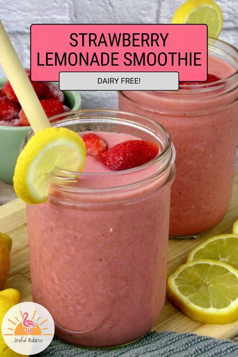 Strawberry Lemonade Smoothie - Joyful Balance Lemon Twist Strawberry Smoothie King, Strawberry Lemonade Smoothie, Lemonade Smoothie, Vegan Summer Recipes, Smoothie King, Light Breakfast, Lemon Twist, Smoothies For Kids, Strawberry Syrup