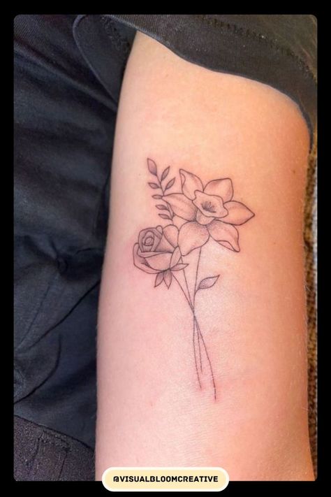 Daffodil And Rose Flower Tattoos, Birth Flower Sister Tattoo, Daffodil And Roses Tattoo, Rose And Daffodil Tattoo Ideas, Roses And Daffodils Tattoo, Violet Daffodil Tattoo, Roses And Lily Tattoo, Rose And Narcissus Flower Tattoo, Narcissus And Rose Tattoo