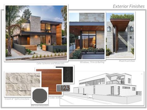 HH Exterior Mood Board Board Architecture Design, Board Design Architecture, Materials Board Architecture, Exterior Mood Board, Mood Board Architecture, Modern Exterior House, Board Architecture, Exterior Finishes, Lake Houses Exterior