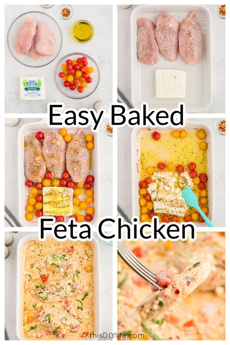 This Baked Feta Chicken is a perfect healthy recipe to add to your weekly meal plans. Does it get any yummier than savory baked chicken with feta and tomatoes bursting with creamy goodness? Simple ingredients, and super easy prep, make this versatile recipe a keeper. It can be served over pasta or rice or with a big salad for a lower-carb meal. Baked Feta Chicken, Savory Baked Chicken, Chicken Recipes With Tomatoes, Lower Carb Meals, Weekly Meal Plans, Feta Chicken, Baked Feta, Easy Chicken Breast, Chicken Pasta Bake