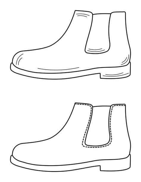 Silhouette outline sketch drawing of mens chelsea boots. Model of mens shoes. Isolated vector Shoe Sketches Drawings, Boot Sketch, Shoe Outline, Boot Drawing, Boots Drawing, Mens Chelsea Boots, Silhouette Outline, Easter Templates, Shoe Sketches