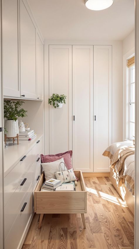 Tiny Bedroom Apartment Ideas Tiny Bedroom Apartment, Tiny Bedroom Storage Ideas, Tiny Apartment Bedroom, Tiny Bedroom Storage, Bedroom Apartment Ideas, Ideas For Small Bedrooms, Foldable Furniture, Ceiling Storage, Hidden Compartments