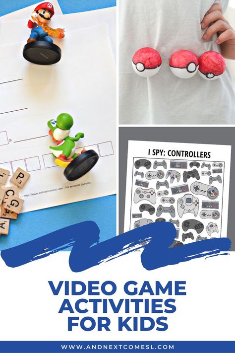 A collage of three different video game activities for kids, featuring Mario and friends, Pokemon, and controllers. There is a text overlay in navy that says "Video Game Activities for Kids." Video Game Activities, Game Activities For Kids, Game Activities, Fun Video Games, Video Game Party, Fun Video, Boredom Busters, Work Activities, Book Suggestions