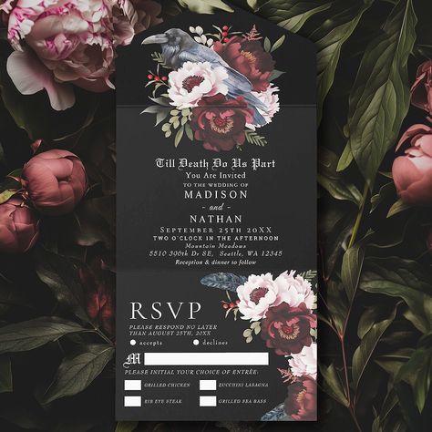 Romantic Gothic Watercolor Raven Floral Wedding All-In-One Invitation This goth floral raven wedding design features a simple, moody watercolor illustration of a raven perched on a bouquet. Perfect for a timeless romantic goth wedding or other special occasion. It is beautifully suited to a spooky Halloween event in the fall or a unique winter event in a casual or formal setting. For more invitations and gifts our Zazzle shop #linkinbio #Zazzlemade #weddingstationery #weddinginvitation #we... Romantic Goth Wedding, Raven Wedding, Gothic Watercolor, Moody Watercolor, Moody Halloween, Raven Perched, Goth Floral, Dark Romantic Wedding, Reception Dinner