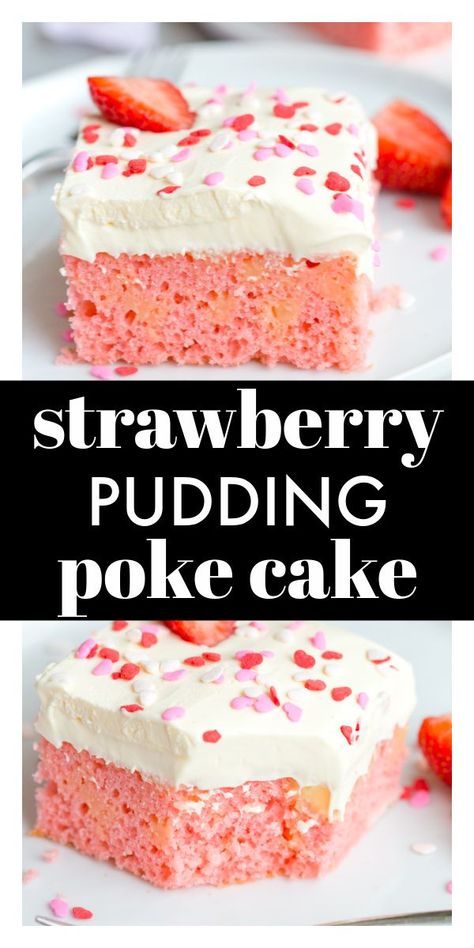 Strawberry Delight Dessert, Strawberry Cake Mix Recipes, Pudding And Cool Whip, Strawberry Poke Cakes, Pudding Poke Cake, Boxed Cake Mixes Recipes, Strawberry Pudding, Fast Desserts, Cake Mix Desserts