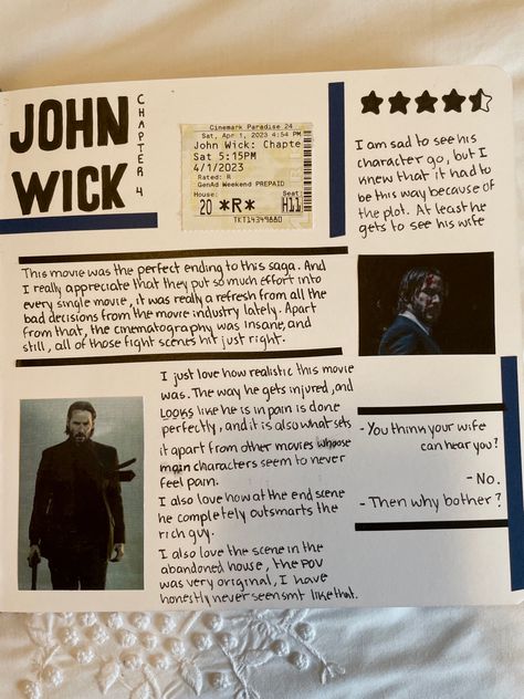 Movie Review Aesthetic, Movie Review Journal Ideas, Movie Review Journal, John Wick Chapter 4, Book Journal Ideas, Review Notebook, Movie Journal, Writing Journals, Scrapbook Inspo