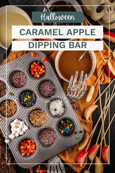 Learn how to make a DIY sliced caramel apple bar. Served with all sorts of fun toppings, this make-your-own caramel apple bar is the perfect dessert station for Halloween or a Fall party! Caramel Apple Board Halloween, Apple Slice Charcuterie, Caramel Apple Candy Bar, Apple Dip Station, Caramel Apple Sundae Bar, Diy Caramel Apple Slices, Caramel Apple Buffet, Carmel Apple Slices Bar, Apple Dipping Station Crockpot