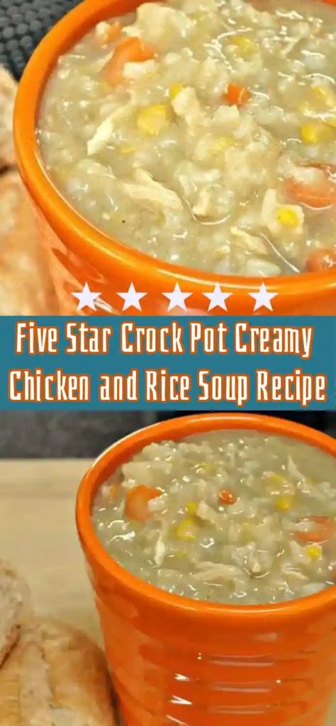 This Easy Crock Pot Creamy Chicken and Rice Soup Recipe is a five star family favorite. The perfect easy dinner for cold week nights. Cream Of Chicken Rice, Crock Pot Creamy Chicken, Rice Soup Crockpot, Creamy Chicken And Rice Soup, Recipes Using Rice, Cozy Soups, Crockpot Soups, Slow Cooker Creamy Chicken, Dairy Recipes