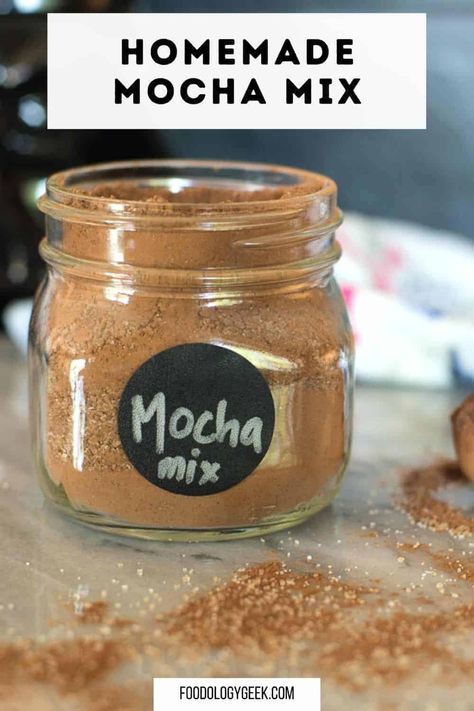 This homemade cafe mocha mix is perfect for mochas or for homemade hot chocolate and marshmallows. I make a batch of this every few weeks for my husband's morning cafe mochas. He is practically a professional barista now!. #mocha #hotchocolatemix #chocolate #hotcocoa #cafemocha Mocha Mix Recipe, Cappuccino Mix Recipe, Cafe Mocha Recipe, Mocha Coffee Recipe, Mocha Frappe Recipe, Homemade Cafe, Homemade Mocha, Mocha Drink, Homemade Coffee Drinks