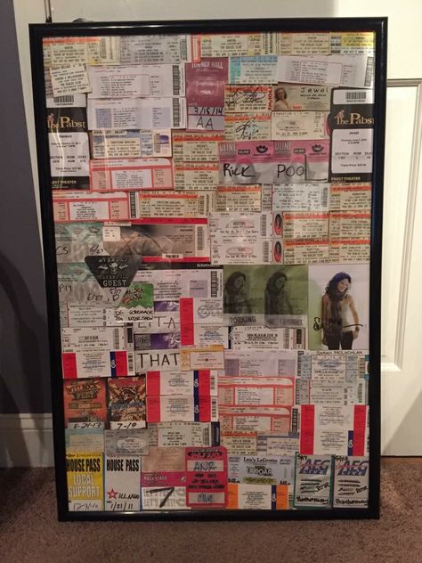 Keri Lynn SanFelippo Concert tickets vip passes backstage passes meet and greet sticky passes display collection frame decor rocknroll music Concert Frame Ideas, Music Memorabilia Display Ideas, Concert Ticket Wall Decor, Concert Ticket Frame Display, Concert Ticket Display Wall Art, Display Ticket Stubs, Concert Ticket Display, Ticket Display, Rock Room