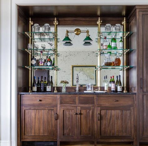 Bar Tile, Classic Cabinet, Bar Shelves, Mirror Backsplash, Bronze Cabinet, Built In Bar, Home Bar Designs, White Marble Countertops, Bar Room