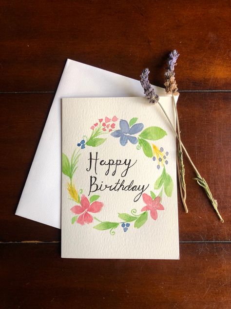 Painted Floral Wreath, Watercolor Birthday Card, Watercolor Birthday Cards, Hand Painted Card, Floral Wreath Watercolor, Watercolor Birthday, Watercolor Card, Learn Drawing, Watercolor Projects