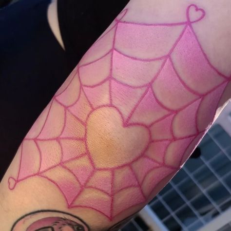 Pink Tattoos Aesthetic, Pink Arm Tattoo, Pink Outline Tattoo, Pink Spiderweb Tattoo, Pink Line Tattoo, Pink And Red Tattoo, Pink Hand Tattoo, Cute Pink Tattoos, Pink Tattoos For Women