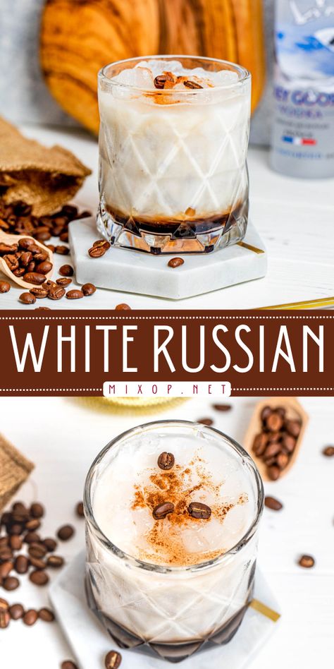 3 ingredients are all you need in this easy Christmas cocktail! It's also a perfect alcoholic drink for New Year's Eve. With a combo of vodka, kahlua, and heavy cream, this White Russian cocktail is a creamy and delicious holiday drink recipe! Holiday White Russian Recipe, Christmas Kahlua Drinks, White Russian Cocktail Recipes, White Russian Christmas Drink, White Russian Recipe Kahlua, Rum Cream Drinks, White Cosmopolitan Recipe, New Years Eve Cocktails, Easy Christmas Cocktail