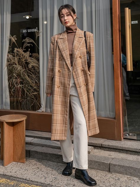 Dazy-Less Plaid Pattern Lapel Neck Double Breasted Overcoat Plaid Overcoat, Modest Winter Outfits, Double Breasted Overcoat, Women Outerwear, Europe Fashion, Plaid Coat, Vintage Plaid, Fantasy Fashion, College Outfits