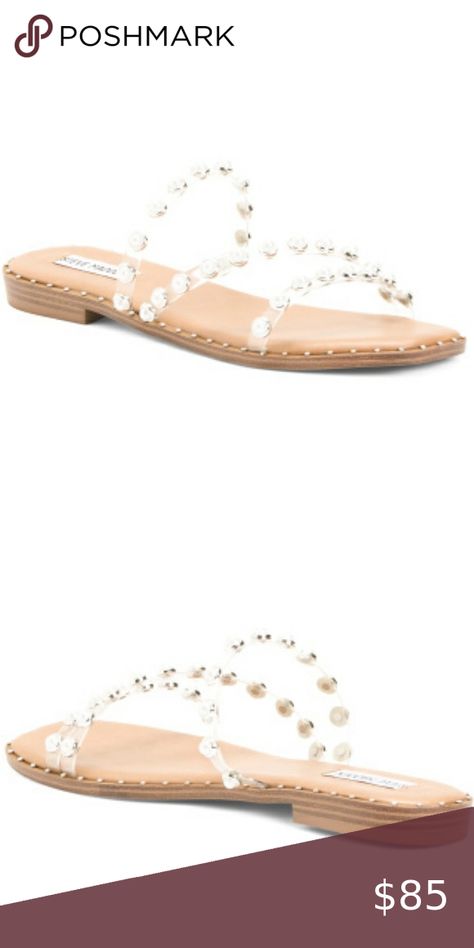 NEW Steve Madden Pearl Studded Bling Clear Strap Flat Sandal Slide On, Strap Design, Sell Out, Today Only, Pearl Studs, Flat Sandals, Faux Pearl, Steve Madden, Open Toe