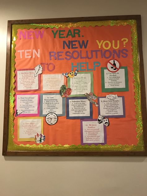 A New Year’s Resolution RA bulletin board I made my junior year for my residents New Year Ra Bulletin Board, New Years Resolution Bulletin Board, New Years Resolution Board, Reflection Bulletin Board, Resolution Board, Goals Bulletin Board, Dorm Bulletin Boards, Res Life Bulletin Boards, Up Bulletin Board