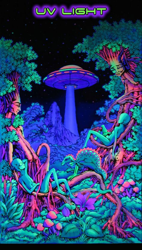 UV light poster {black light} Trippy Wall Art, Trippy Wall, Aliens, Batik, Floating, Indonesia, Wall Hanging, Forest, Tapestry