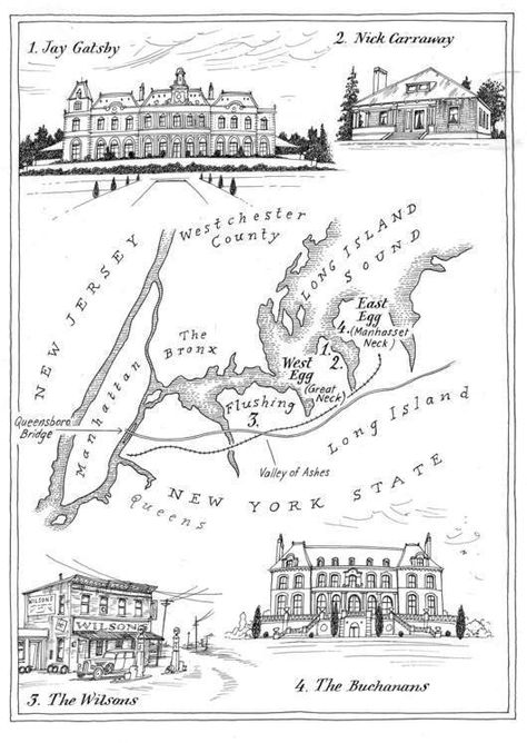 Map of New York in The Great Gatsby by F. Scott Fitzgerald.   We've got eight more awesome literary maps.  http://triviahappy.com/articles/nine-fantastic-maps-of-literary-fiction-that-look-like-fantasy-book-maps West Egg Gatsby, Notes Website, Tom Buchanan, Nick Carraway, Book Maps, Literature Lessons, Ap Literature, Revision Guides, Teaching High School English