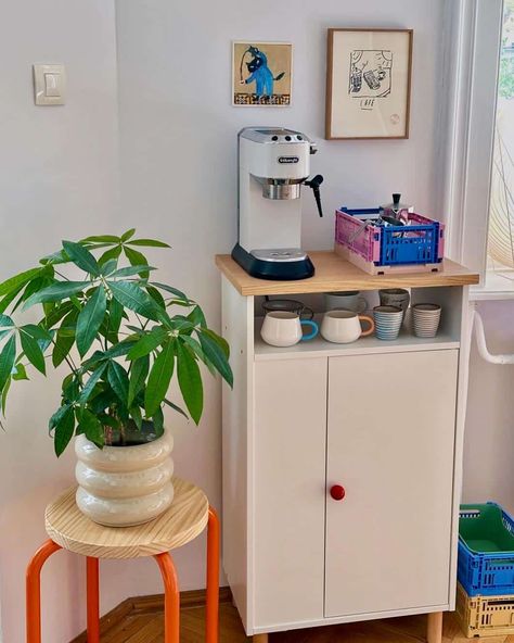 Flip, Sip, Repeat: The Upside Down IKEA Hack That Created the Perfect Coffee Nook 5 Kallax In Kitchen, Ikea Baggebo Cabinet Hack, Coffee Bar Small Space, Coffee Station Ikea, Small Kitchen Coffee Station, Narrow Coffee Bar, Baggebo Hack Ikea, Diy Ikea Storage, Baggebo Ikea