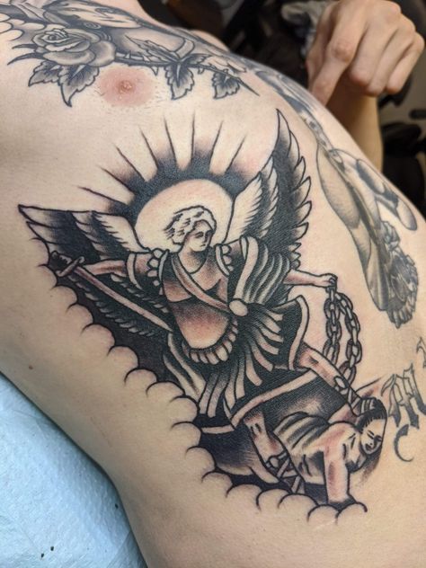 American traditional and black and grey Saint Michael tattoo. Done by Cody Smith at Solid Gold Gallery in Bowling Green, Ky American Traditional St Michael Tattoo, St Michael Traditional Tattoo, Traditional Saint Tattoo, American Traditional Tattoos Angel, St Micheal Arch Angel Tattoo, American Traditional Christian Tattoo, American Traditional Angel Tattoo, Angel Traditional Tattoo, American Traditional Angel