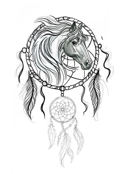 Dream Catcher Horse Tattoo, Horse Dream Catcher, Tattoos Of Names, Indian Horse Tattoo, Atrapasueños Tattoo, Pencil Art Love, Dream Catcher Drawing, Horse Stencil, Horse Tattoo Design