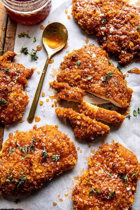 Baked Crunchy Hot Honey Chicken Baked Crunchy Hot Honey Chicken, Crunchy Hot Honey Chicken, Fried Chicken Ingredients, Hot Honey Chicken, Summer Chicken Recipes, Summer Chicken, Chipotle Chili Powder, Chicken Baked, Chipotle Chili