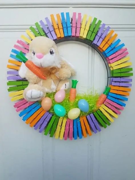 50 + Adorable DIY Dollar Store Easter Decorations for Kids to Make - HubPages Clothespin Diy Crafts, Wooden Clothespin Crafts, Easter Wreath Diy, Clothes Pin Wreath, Easter Craft Decorations, Spring Easter Crafts, Easter Bunny Crafts, Easter Bunny Wreath, Easter Decorations Dollar Store