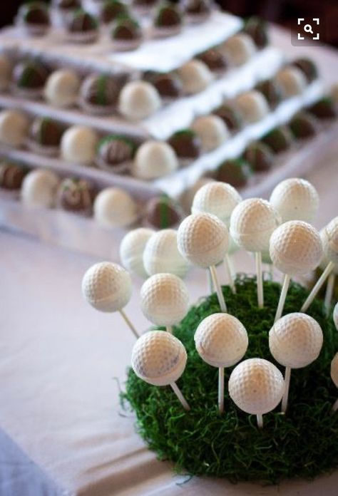 Golf Ball Cake Pops, Golf Event Ideas, Golf Themed Wedding, Granola Dessert, Golf Ball Cake, No Bake Cake Pops, Edible Centerpieces, Golf Cake, Grooms Cakes