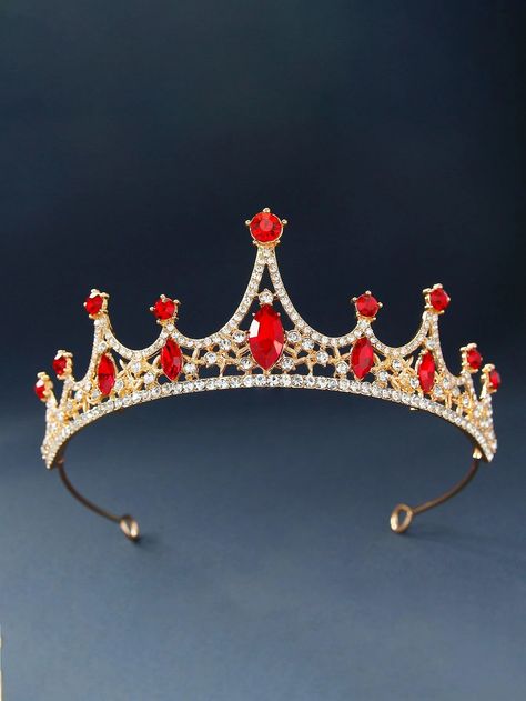 Rhinestone Crown Hair Accessory | SHEIN USA Gold Crown With Red Jewels, Fantasy Accessories, Anime Dance, Wedding Hair Head Piece, Wedding Hairband, Candy Boutique, Red Crown, Tiara Hairstyles, Rhinestone Tiara