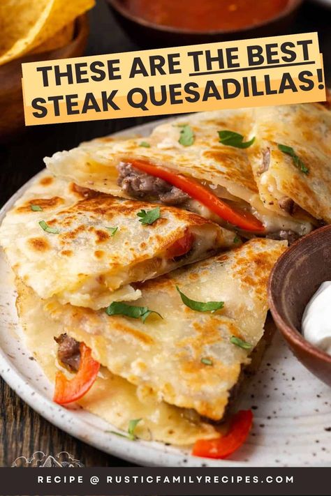 This steak quesadilla recipe is so easy! Crisp flour tortillas are stuffed with tender steak, cooked red peppers + onions, plus melty cheese. Steak Quesadilla Recipe, Best Quesadilla Recipe, Cheese Steak Quesadillas, Latino Dishes, Steak Quesadilla Recipes, Quesadillas Recipes, Quesadilla Recipes Beef, Steak Quesadillas, Steak Quesadilla