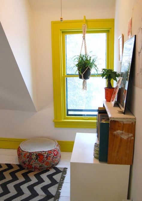 Painted Window Frames, Studio Makeover, Apt Ideas, Window Trim, Window Frames, Window Painting, Design Sponge, Yellow Painting, Interior Paint