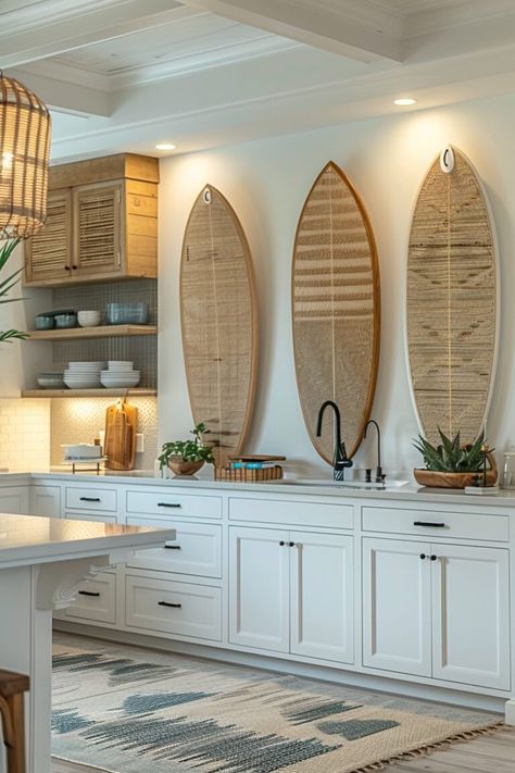 29 Coastal Kitchen Decor Ideas to Bring the Beach to Your Home Tropical Kitchen Design, Beach Culture, Tropical Kitchen, Coastal Kitchen Design, Coastal Kitchen Decor, Surfboard Shapes, Coastal Room, Agriculture Industry, Kitchen Decor Ideas