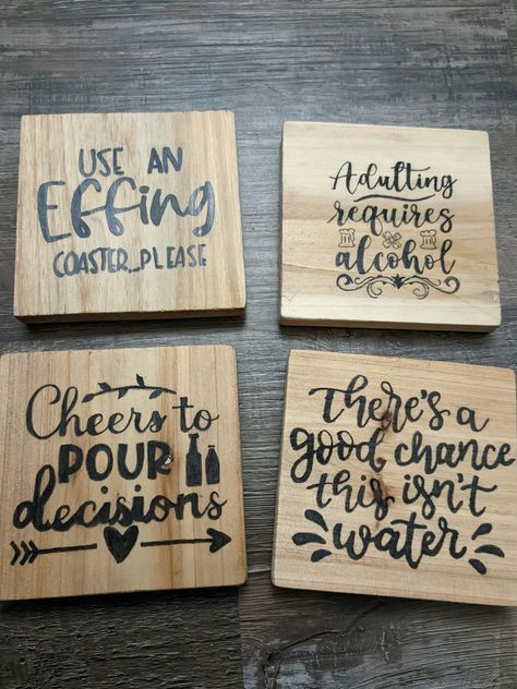 Funny coasters, wooden coasters, coasters, adulting coasters, wine coasters, beer coasters, hot and cold coasters, hand made coasters. 💘I LOVE making these coasters, they are truly fun and I know you will love them as much as I do! These adorable, yet durable, Coasters makes the perfect gift for anyone on your list! This set of coasters come ready to set out on your coffee table, end tables or to give as a gift!  💘 Coasters are hand drawn using a pencil sketched onto the wood. I then begin to Wood Drink Coasters, Quotes For Coasters, Holiday Coasters Diy, Wood Burning Coaster Ideas, Cricut Coaster Ideas Vinyl, Wooden Drink Coasters, Wooden Coaster Design Ideas, Diy Coaster Holder, Diy Coaster Ideas