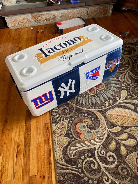 NY sports & modelo Cooler Ideas Fraternity, Frat Coolers Ideas, Painted Fraternity Coolers, Formal Cooler Ideas, Shot Ski, Formal Cooler, Fraternity Coolers, Diy Cooler, Cooler Ideas