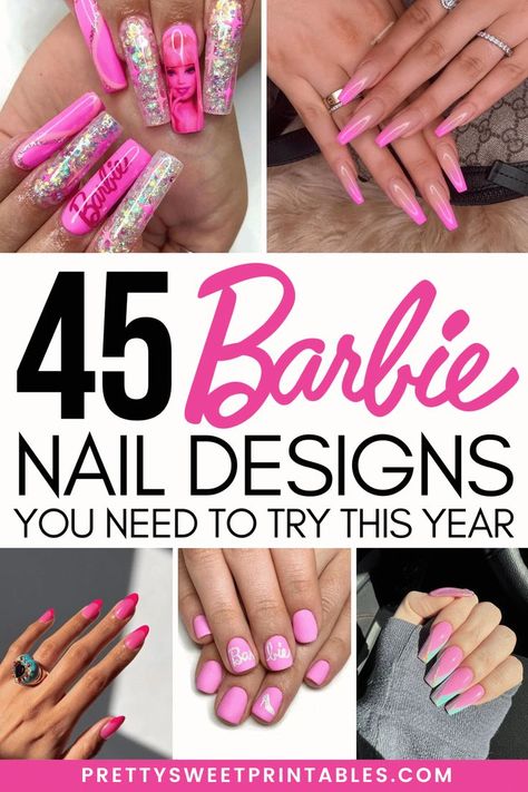 barbie nails Cowgirl Barbie Nails, Barbie Nails Coffin, Barbie Glitter Nails, Barbie Nails For Kids, Barbie Style Nails, Barbie Nails Ideas, Barbie Nails Design Ideas Almond, Barbie Nails Design Ideas Short, Malibu Barbie Nails