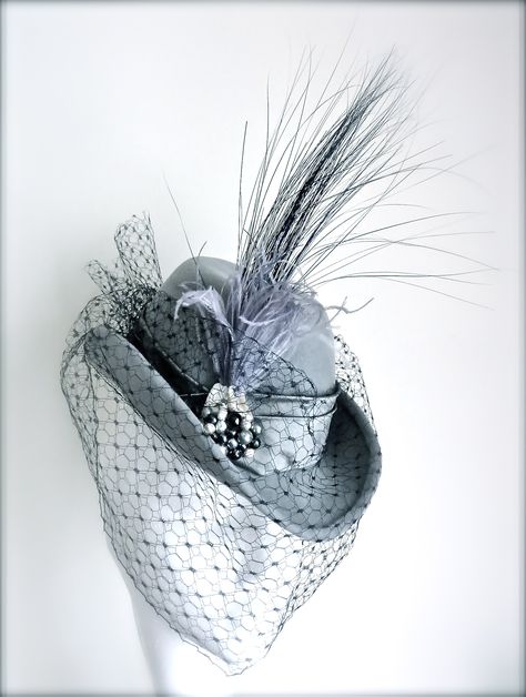 Vivienne Morgan Millinery 2013 Collection - Victoriana grey fur felt riding hat with face veil, feathers and pearl/shell detail Cuffs Diy, Hat With Veil, Modern Hat, Mad Hat, Face Veil, Good Fashion, Victorian Hats, Steampunk Hat, Grey Fur