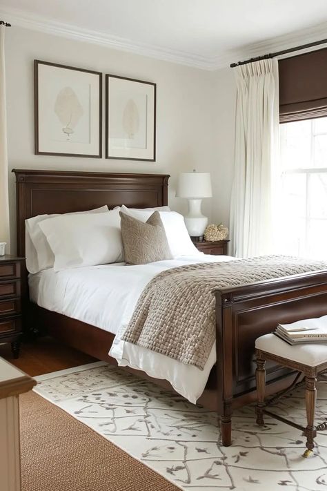 25 Captivating Brown and White Bedroom Ideas You'll Love - Roomy Retreat Simple Room Furniture Bedroom, White Room Brown Furniture Bedrooms, Dark Walnut Furniture Bedroom, White Bedding Dark Furniture, Brown And White House Interior Design, White And Brown Furniture Mixing, Brown Beige White Bedroom, Room With Dark Brown Furniture, White And Brown Cupboards Bedroom