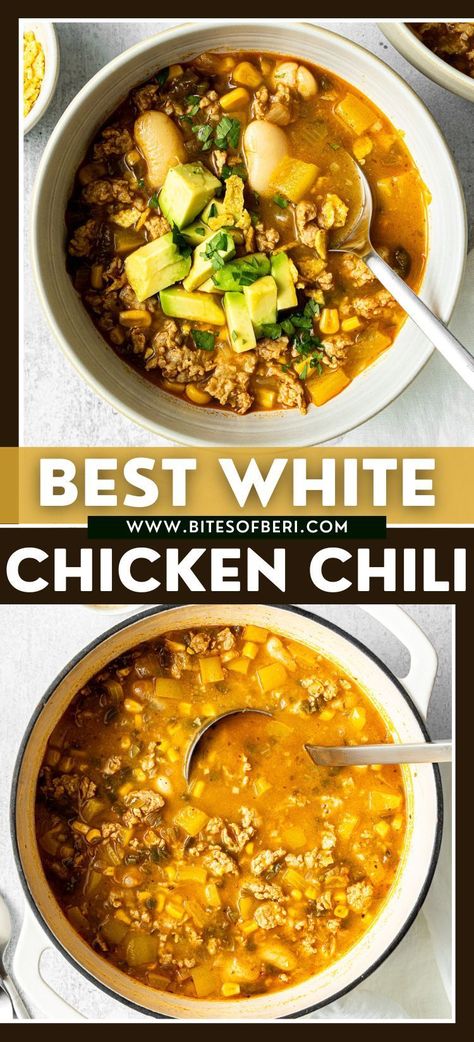 White Ground Chicken Chili, Sausage Stew Recipes, Ground Chicken Chili Recipe, Ground Chicken Chili, White Bean Chicken Chili, Sausage Stew, White Bean Chili, Chili Ingredients, Easy Chicken Thigh Recipes