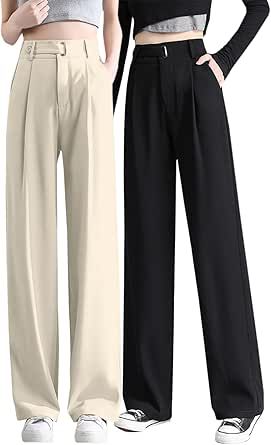 Betusline Women's 2 Packs Wide Leg High Waisted Long Dress Pants Business Casual Straight Office Trousers for Women,Black+Beige,Medium Straight Trousers Women, Dress Pants Business Casual, Weekend Getaway Outfits, Wide Leg Trousers Black, Pants Business Casual, Bright Outfits, Fresh Drinks, Black Wide Leg Trousers, Trousers For Women