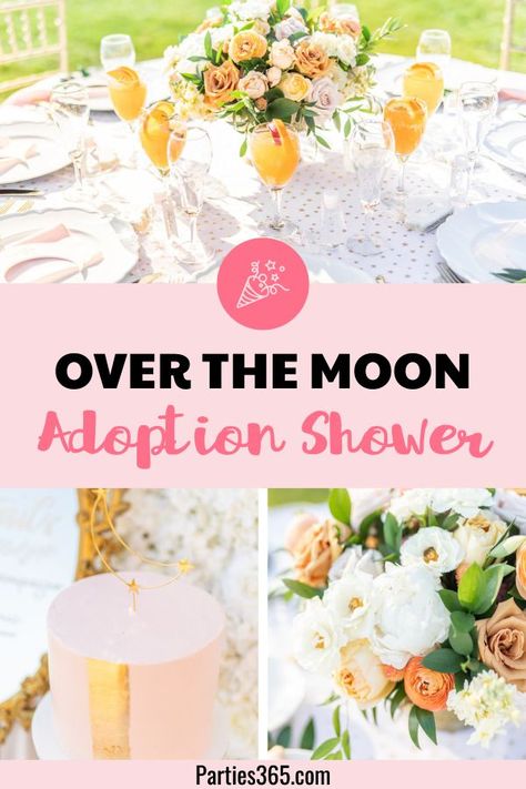 This lovely Over the Moon Adoption Shower is full of inspiration for a gorgeous party! Host an amazing celebration for the adoptive parents with these ideas for invitations, cake, tables, favors and more! Adoption Baby Shower Ideas, Adoption Shower Ideas, Adoption Party Ideas, Adoption Baby Shower, Adoption Shower, Kids Party Tables, Cake Tables, Adoption Party, Pink Napkins